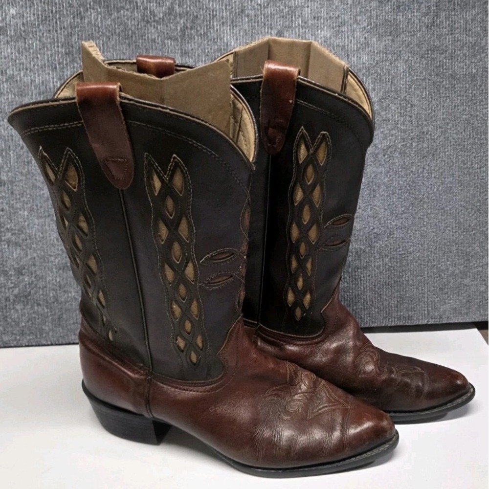 Vintage Bronco USA Western Cowboy Boots Brown Black Leather Men's 12 D Americana